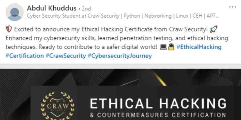 Abdul Khuddus: Obtaining Python Programming Certificate from Craw Security