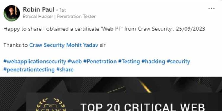 Robin Paul Earns Web PT Certificate from Craw Security - Cra...