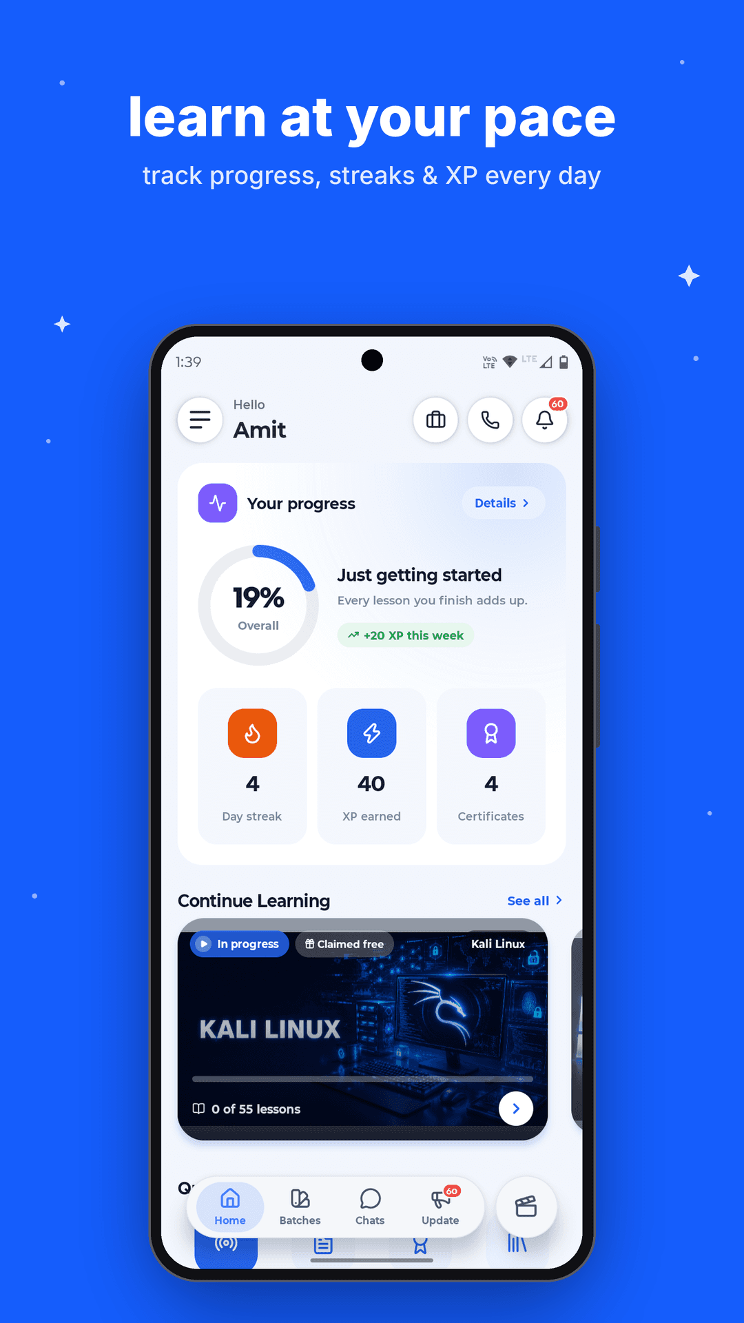 Craw Security app home screen with progress and streaks (Android)
