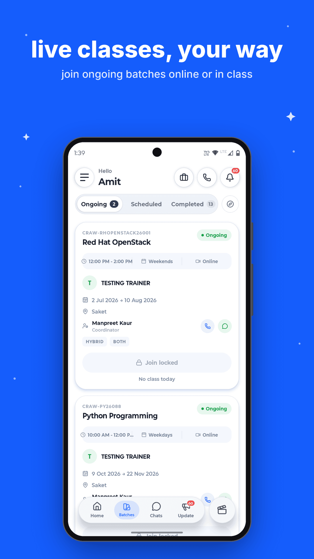 Craw Security app batches screen listing ongoing batches (Android)
