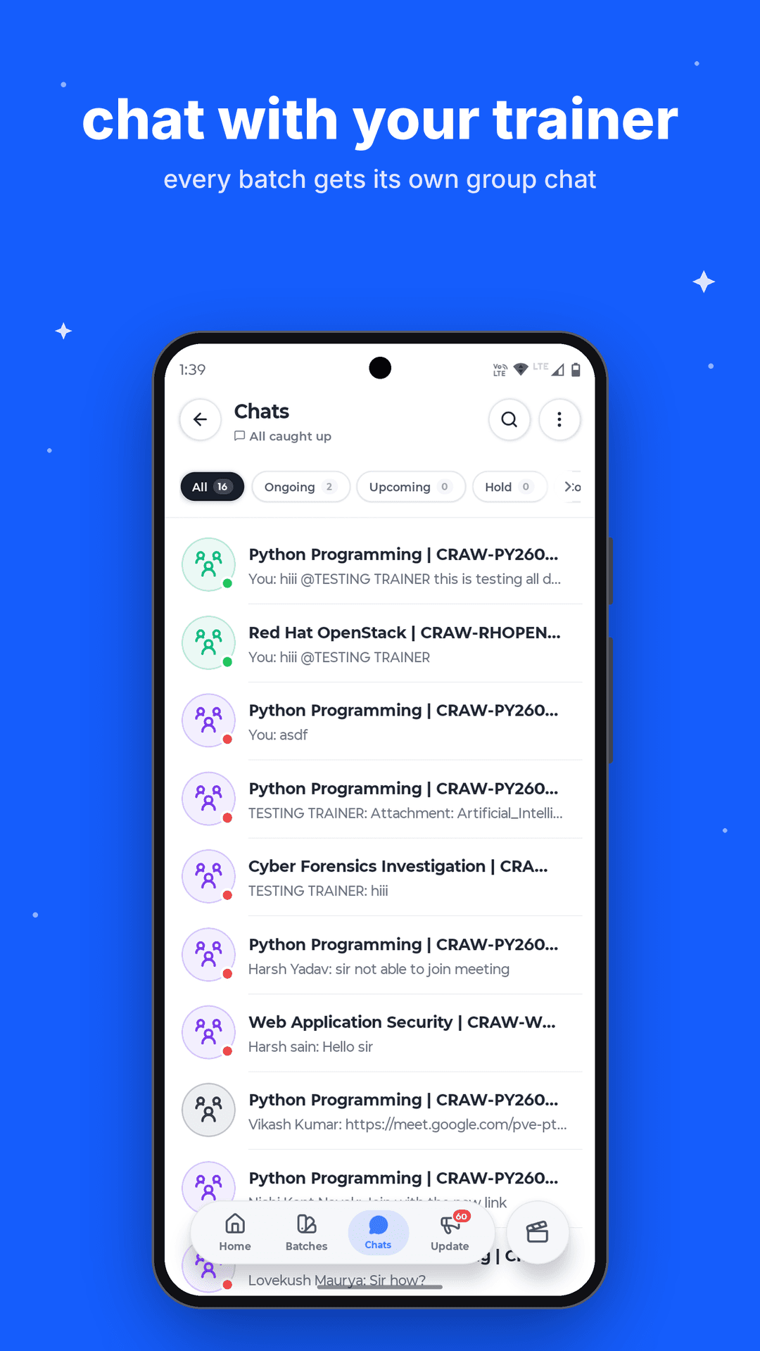 Craw Security app chats screen with batch group conversations (Android)