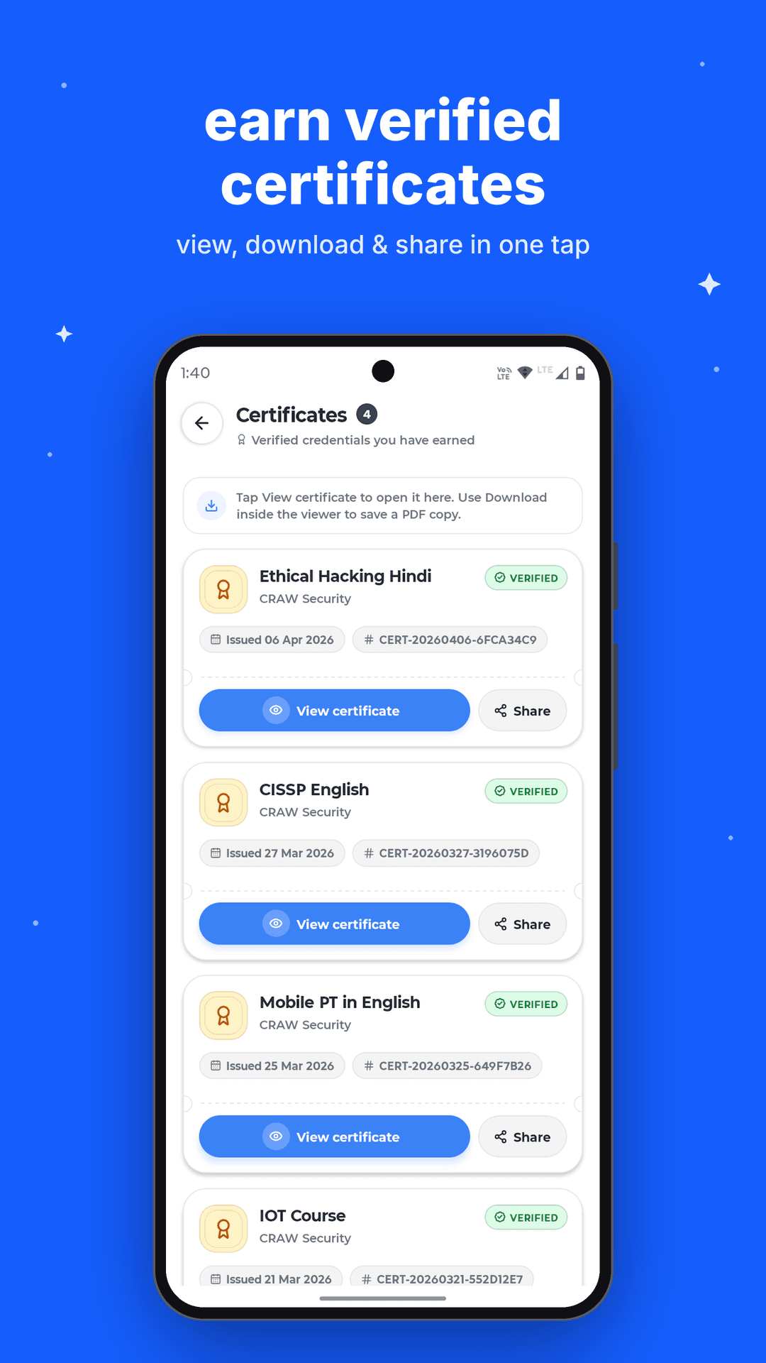 Craw Security app certificates screen (Android)