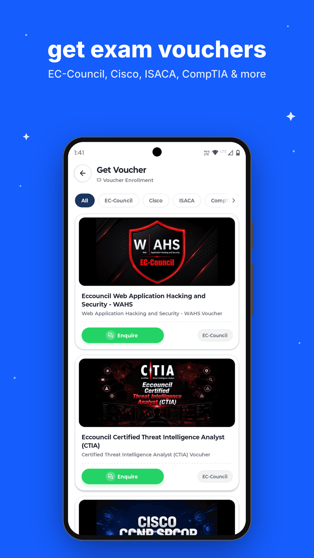 Craw Security app voucher screen showing EC-Council exam vouchers (Android)
