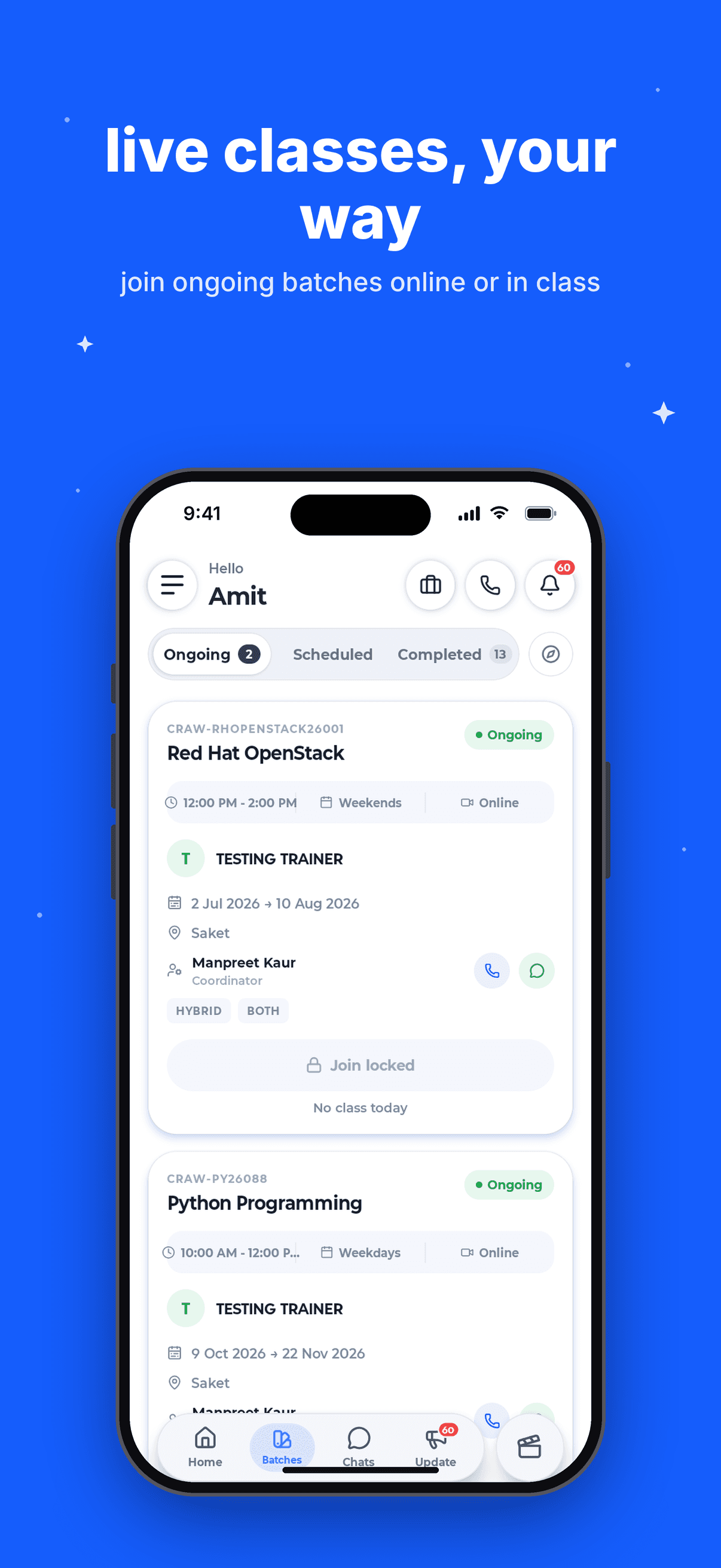 Craw Security app batches screen listing ongoing batches (iPhone)