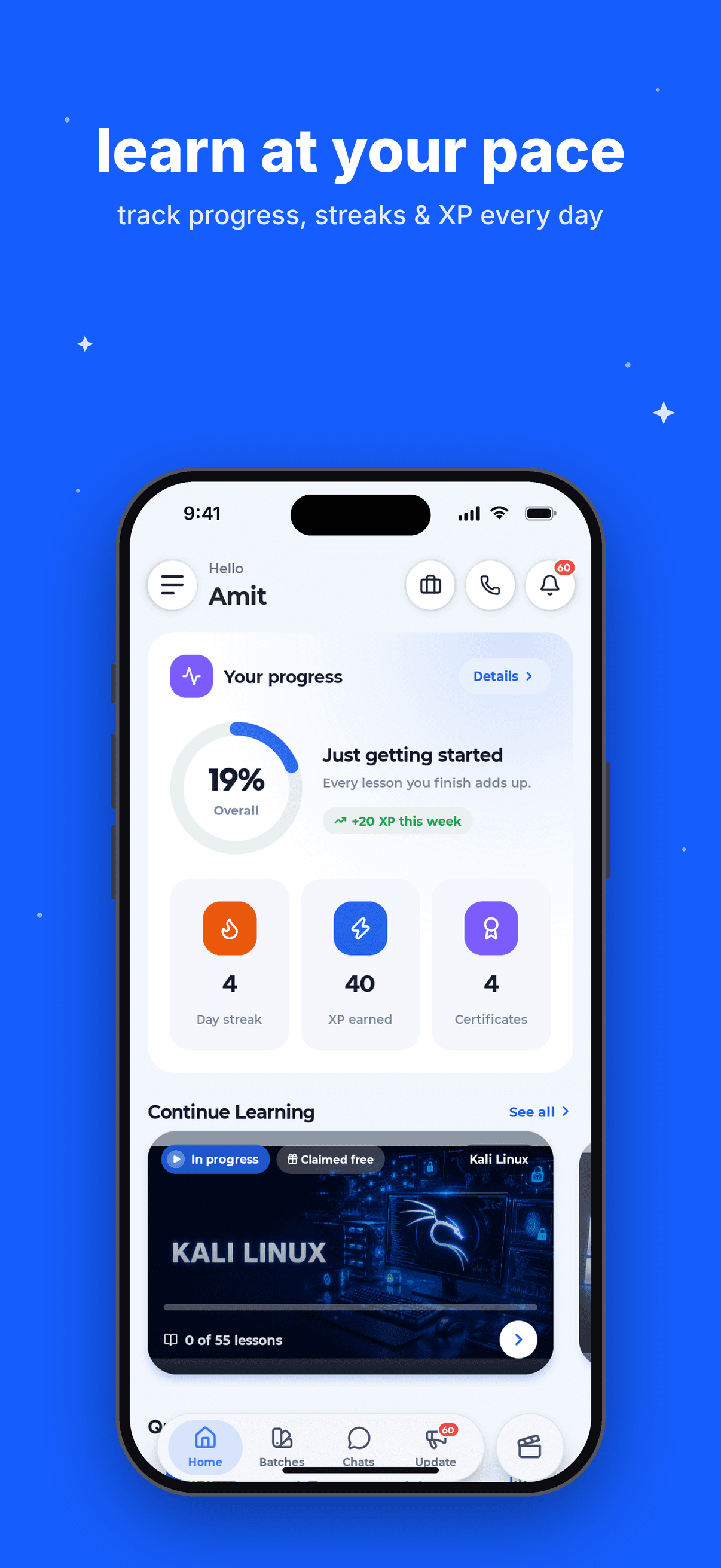 Craw Security app home screen with progress and streaks (iPhone)