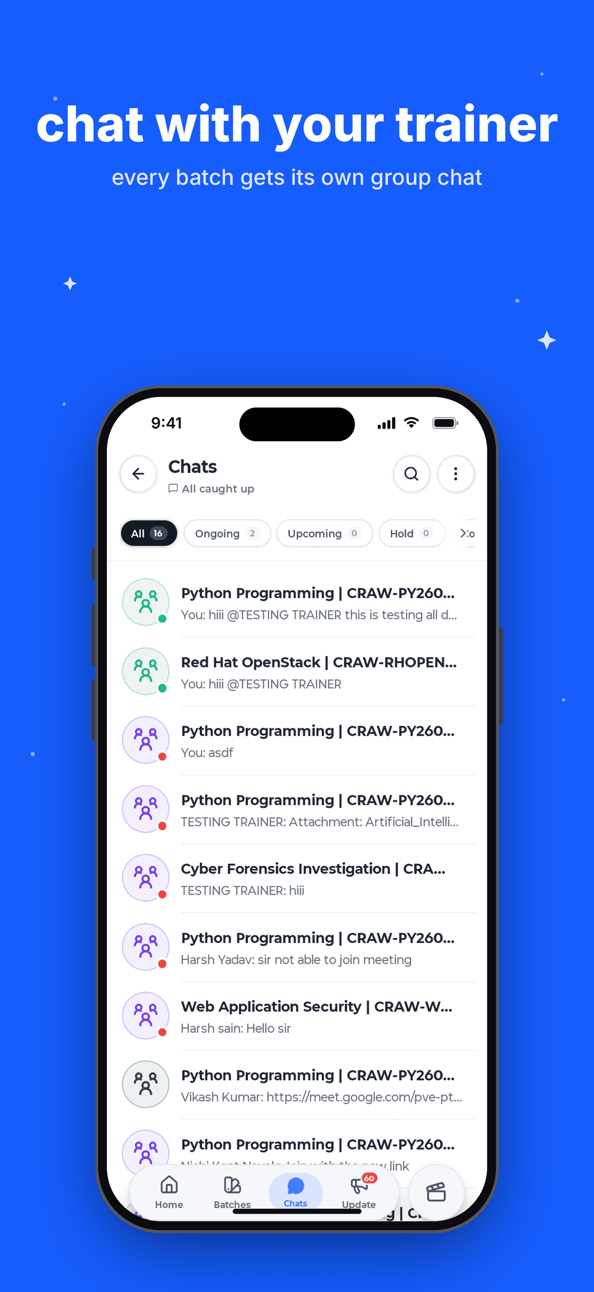 Craw Security app chats screen with batch group conversations (iPhone)