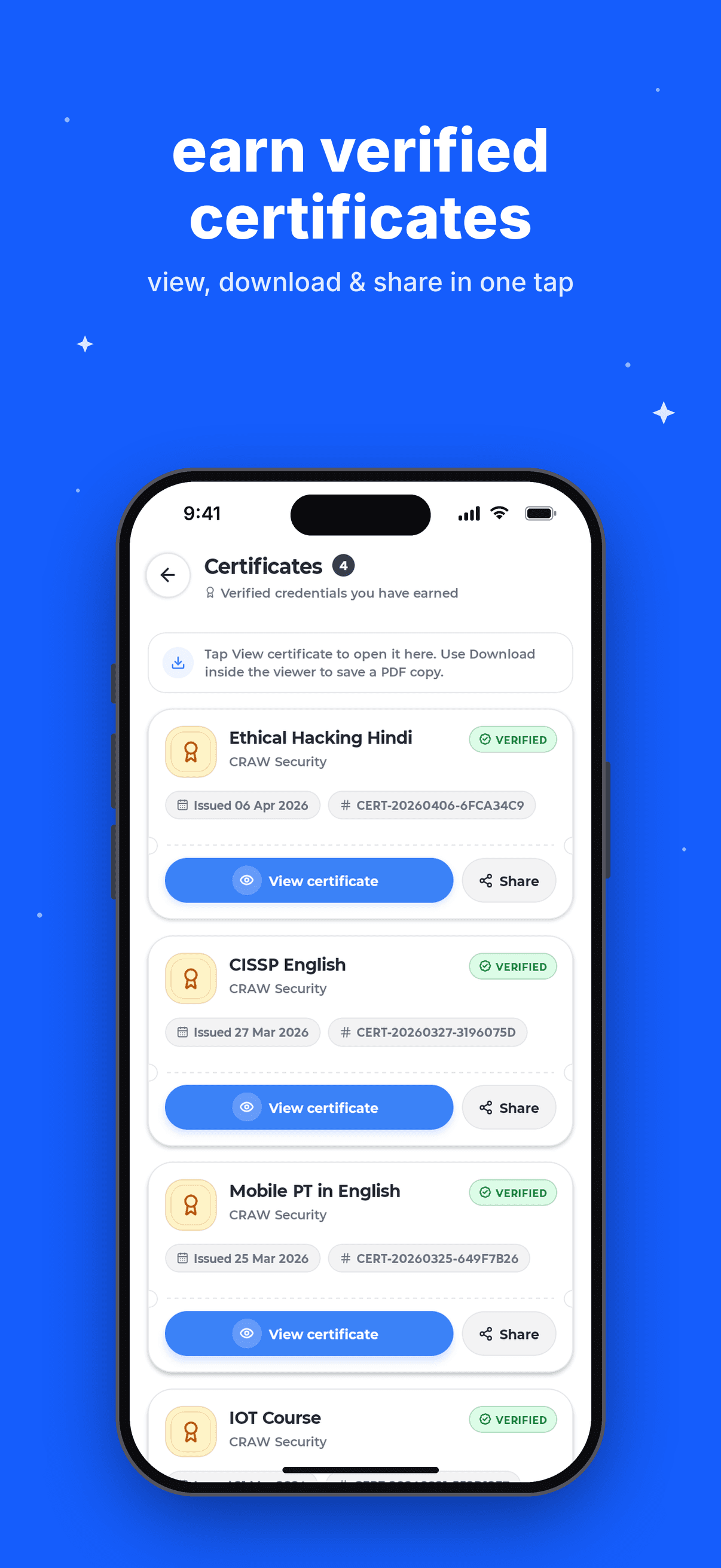 Craw Security app certificates screen (iPhone)