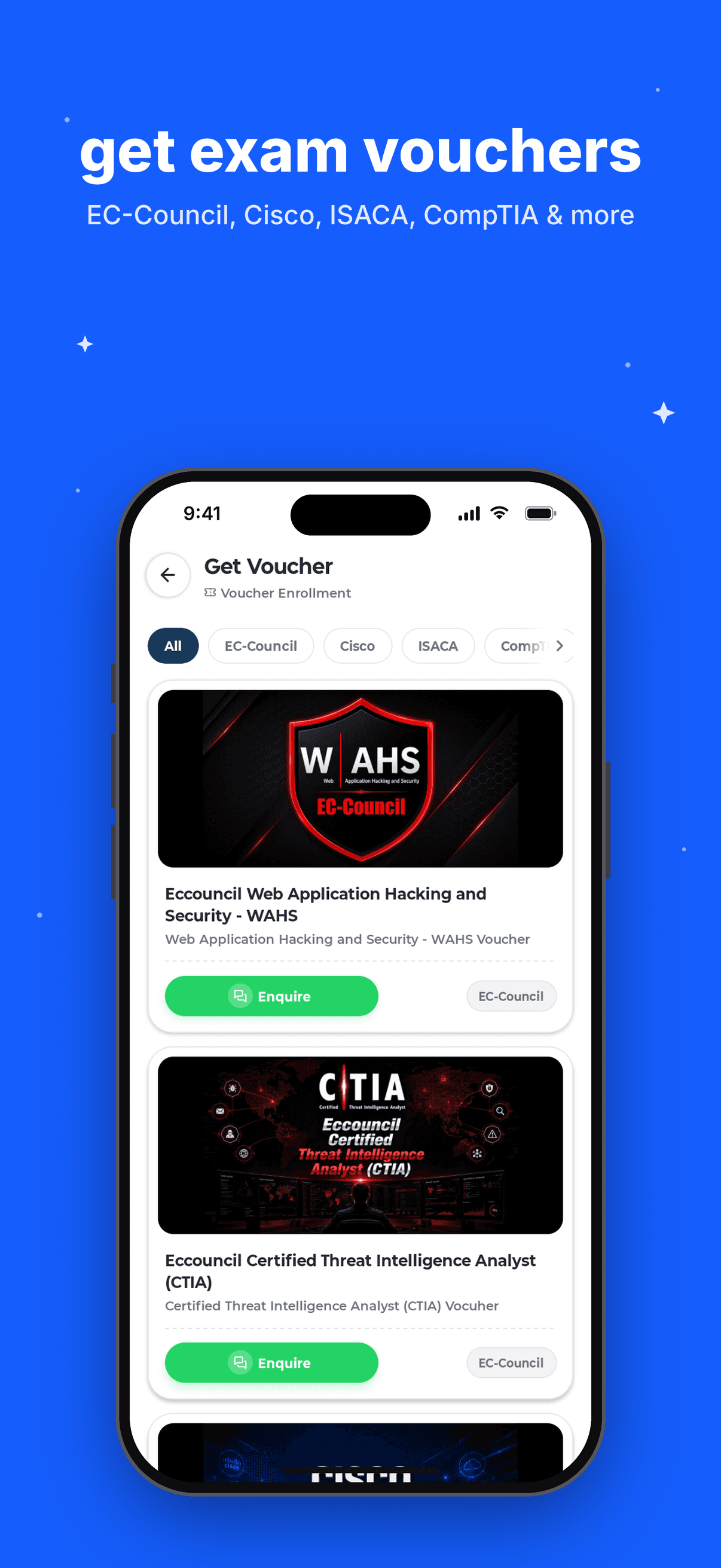Craw Security app voucher screen showing EC-Council exam vouchers (iPhone)