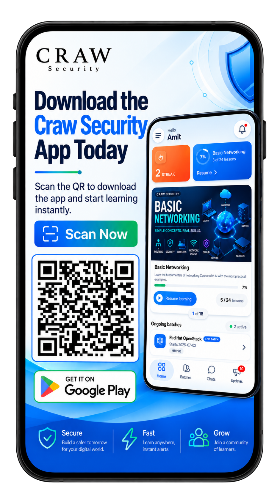 Craw Security app download screen with QR code