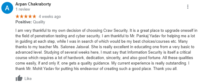 Arpan Chakraborty reviewed about Craw Security on Google