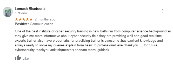 Lomash Bhadouria reviewed about Craw Security on Google