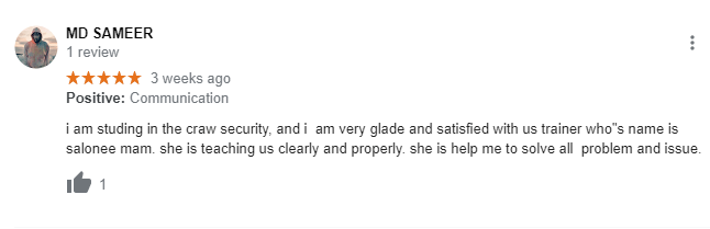 google review MD SAMEER reviewed about Craw Security on Google