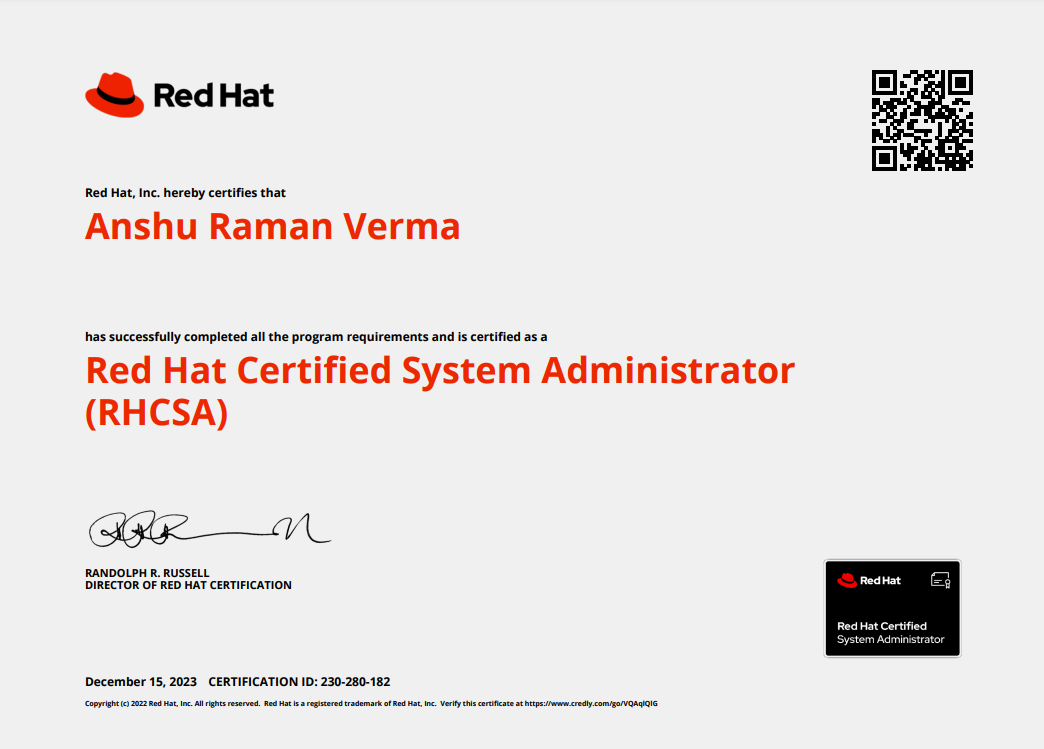 Anshul Raman Verma Redhat Certification