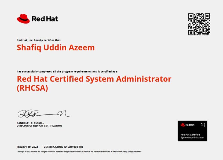 Red Hat Certified System Administrator (RHCSA) Certificate for Shafiq ...