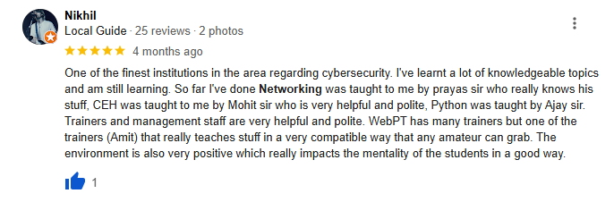 Craw Security student name Nikhil praising networking course. 