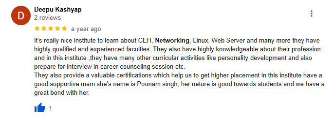 Craw Security student name Deepu Kashyap praising networking course. 