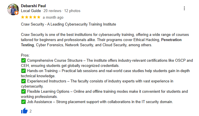 Debarshi Paul review highlighting penetration testing course for clear teaching, real-world examples, and boosting confidence in cybersecurity skills.